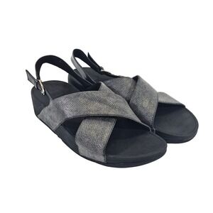 FitFlop Lulu Sandals Womens 10 Silver Snakeskin Metallic Slingback Wedge K54-547